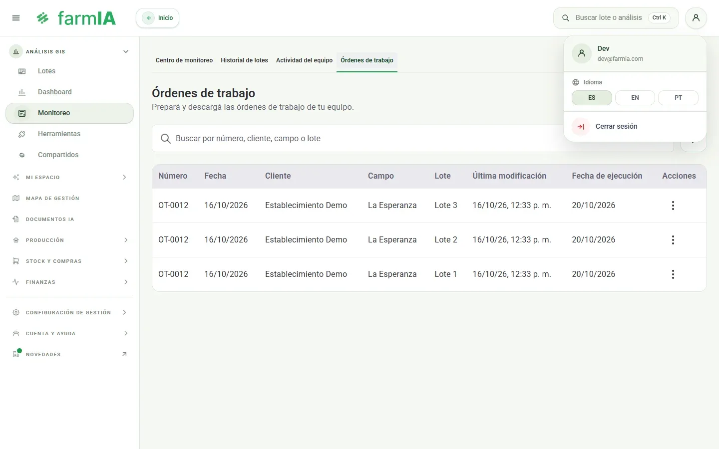 Menú de la cuenta de FarmIA con el selector de idioma ES, EN y PT