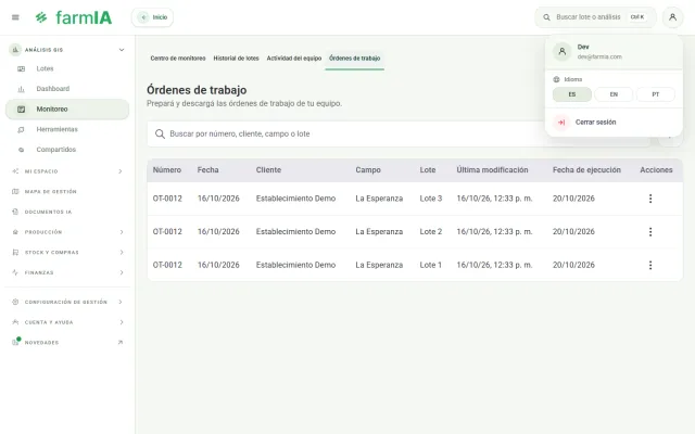 Menú de la cuenta de FarmIA con el selector de idioma ES, EN y PT